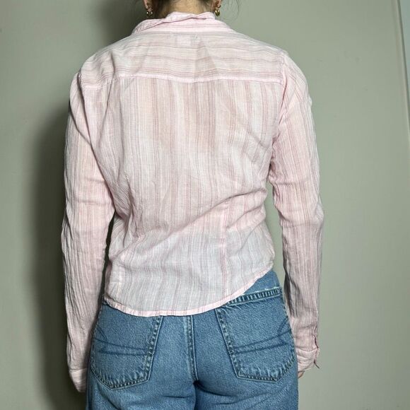 Y2K Vintage Preppy Pink White Striped Button Up Long Sleeve Fits Like Size Small - Picture 2 of 5